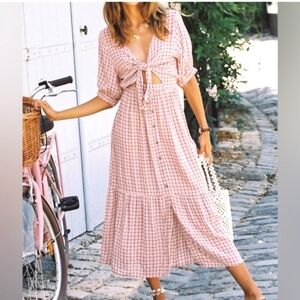 FAITHFUL THE BRAND sz 6 (Medium) Gingham Midi Dress Tie Front Cut Out Pinkish